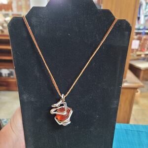 Vintage Costume Jewelry Fashion Wire Wrapped Caged Glass Orb Marble Leather Cord